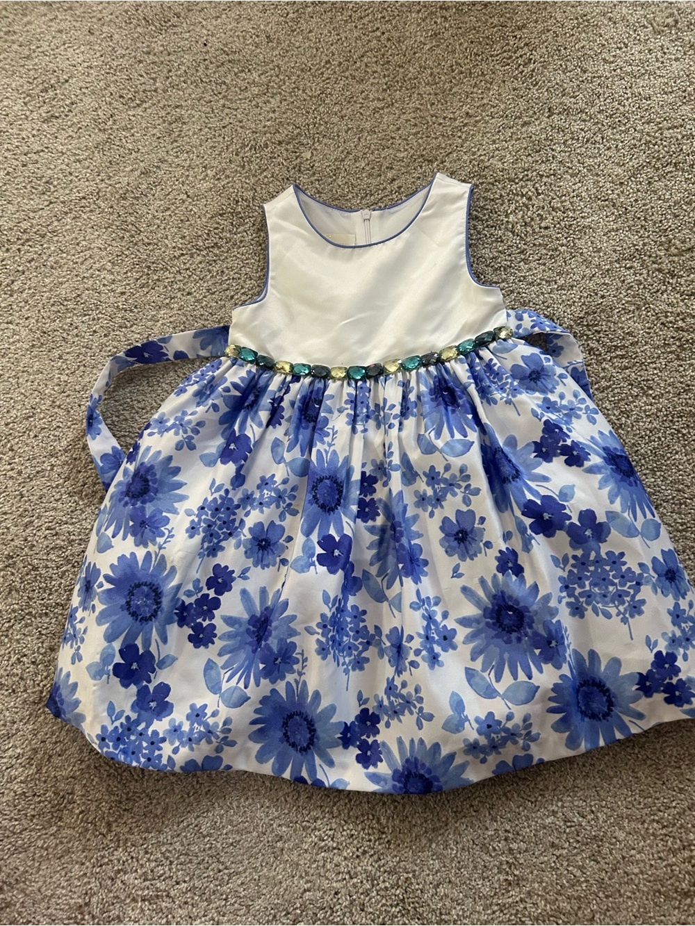 American Princess 4T Blue Floral Dress with Rhinestone Waistband